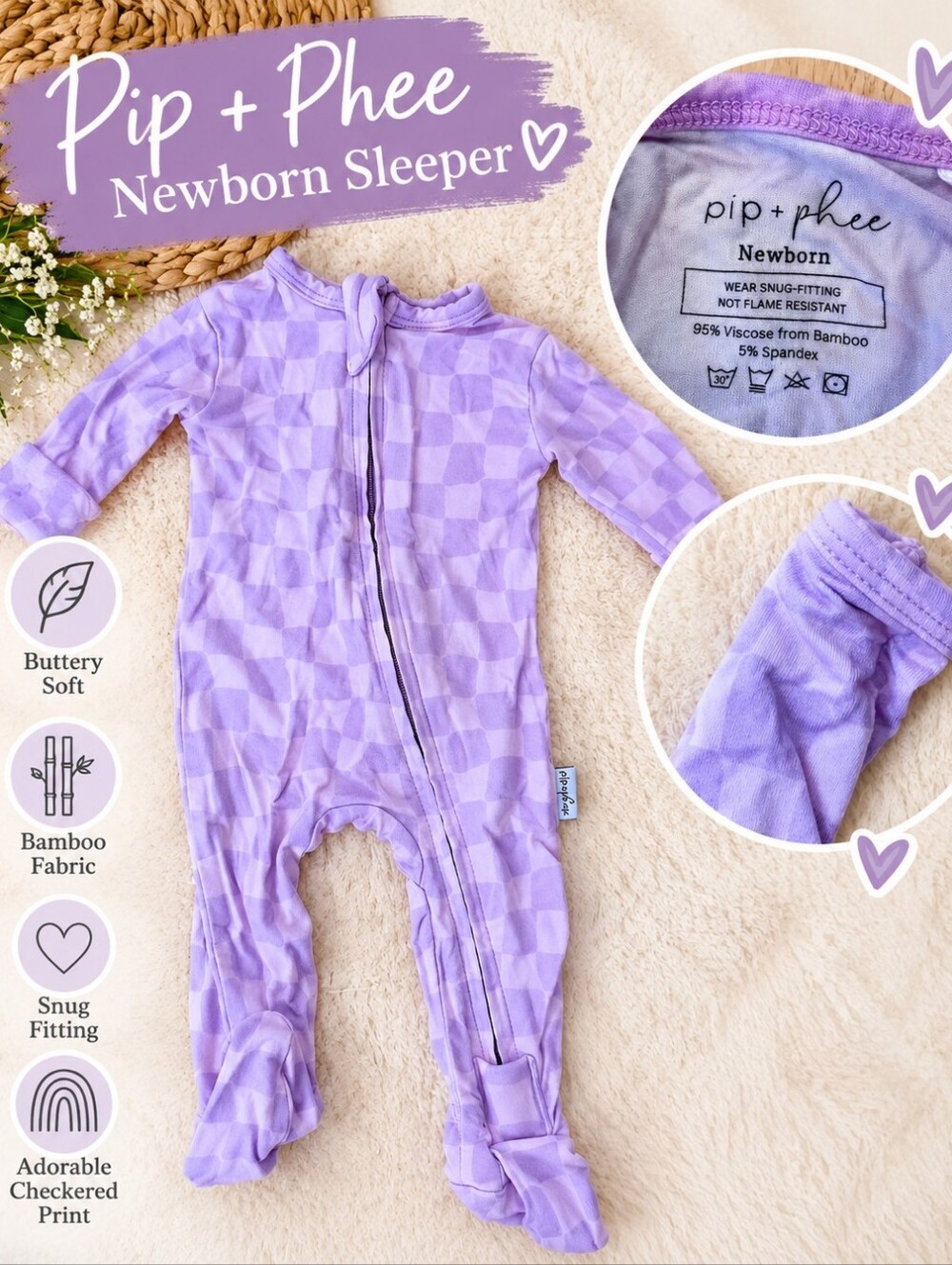 Pip And Phee Bamboo Checkered Footed One-Piece for Kids with Front Zip